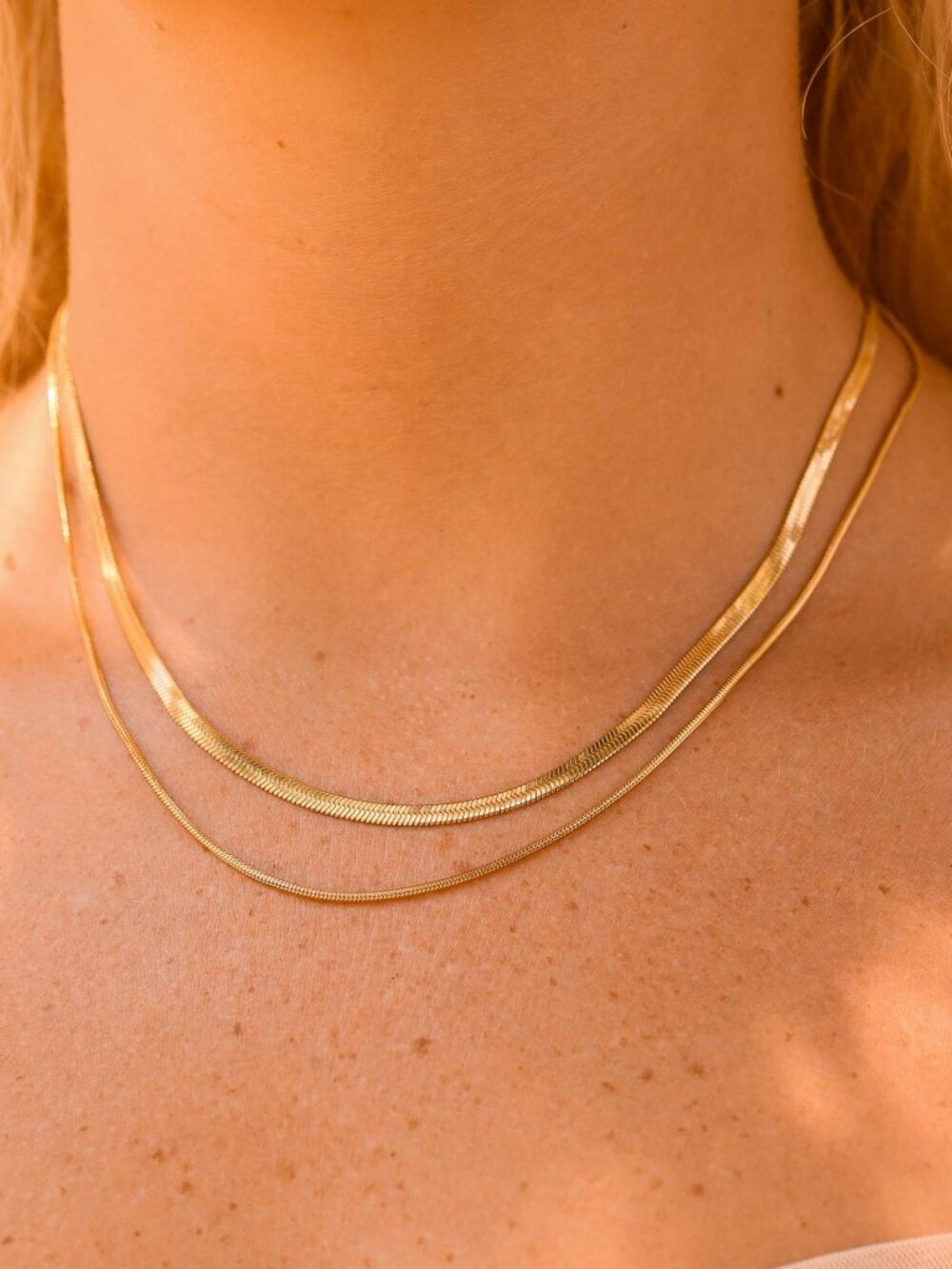 NEW 18k Gold PVD 2-in-1 Layered Herringbone and Snake Necklace